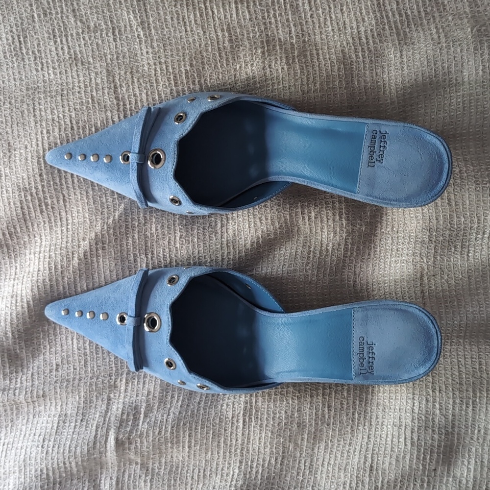 Blue suede mules